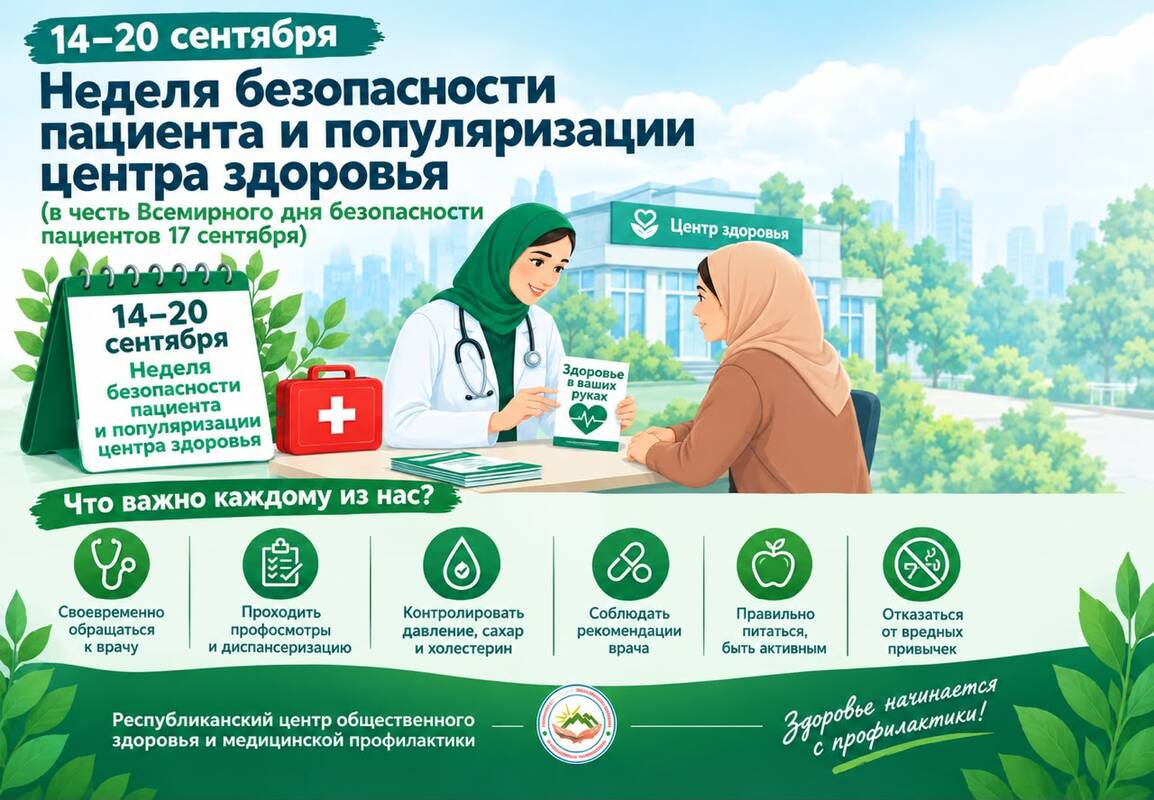 14–20 сентября — Неделя безопасности пациента и популяризации центров здоровья, приуроченная к Всемирному дню безопасности пациентов — 17 сентября 14–20 сентября — Неделя безопасности пациента и популяризации центров здоровья, приуроченная к Всемирному дню безопасности пациентов — 17 сентября